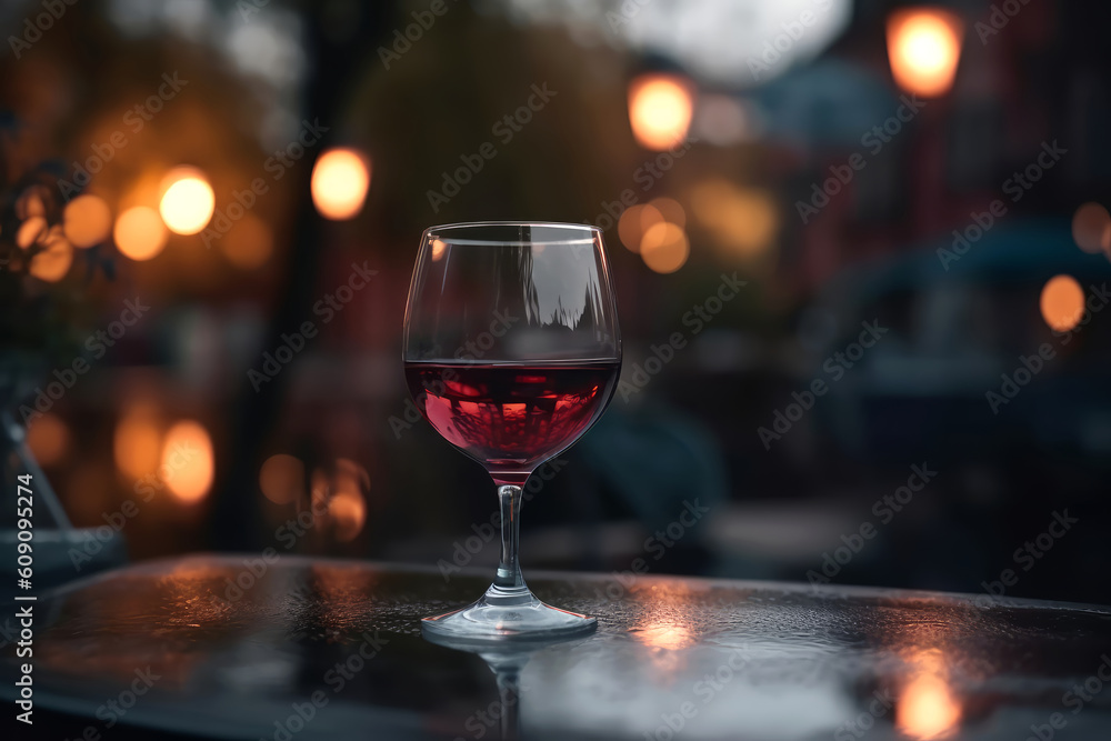 Glass of red wine on a table of outdoor restaurant in european city. Generative AI.