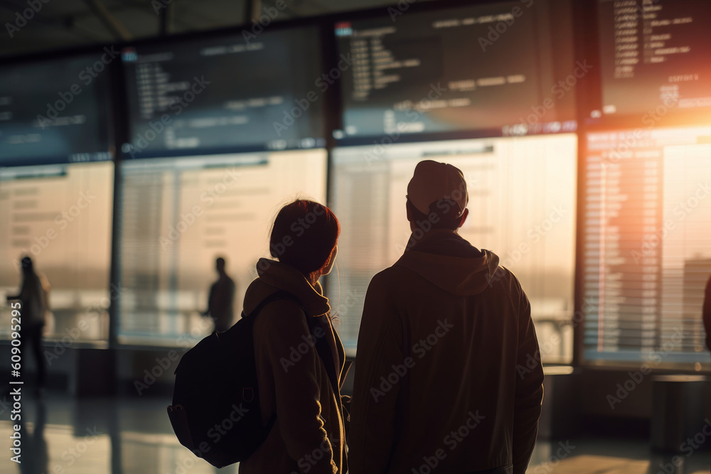 Silhouettes of a couple in international airport looking at the flight information board. Generative AI. Silhouettes of a couple in international airport looking at the flight information board. Generative AI.