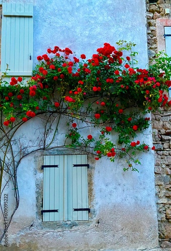 old window with shutters and flowers in Semur en Auxois photo