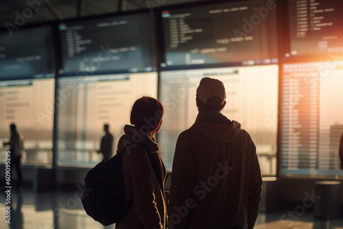Silhouettes of a couple in international airport looking at the flight information board. Generative AI.