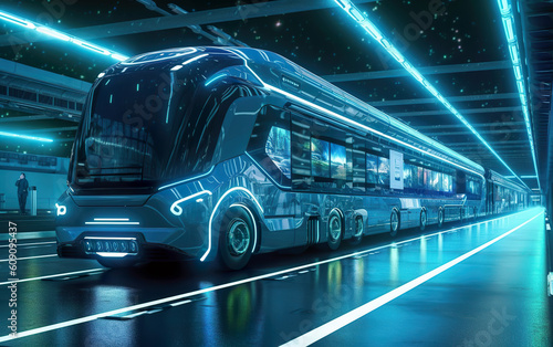 The electric buses of the future will be made in an environmentally friendly design and travel in the tunnel without the emission of harmful substances. AI generated.