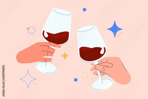 Happy friends gathering. Glasses of wine in their hands. Gathering of friends illustration celebration. Flat vector illustration of celebration. For postcards and posters