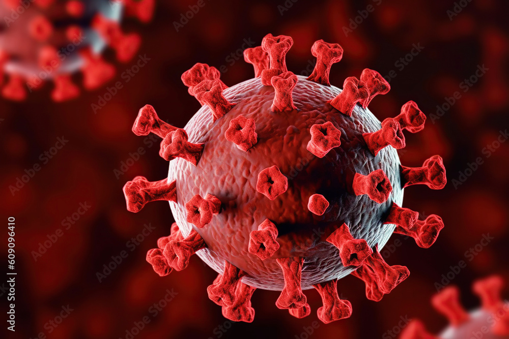 covid-19 banner illustration, microscopic view of floating influenza virus cells, Generative Ai covid-19 banner illustration, microscopic view of floating influenza virus cells, Generative Ai