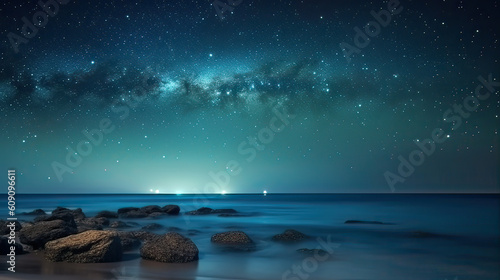 beautiful seascape with glitter glowing sky in night AI generative © SK