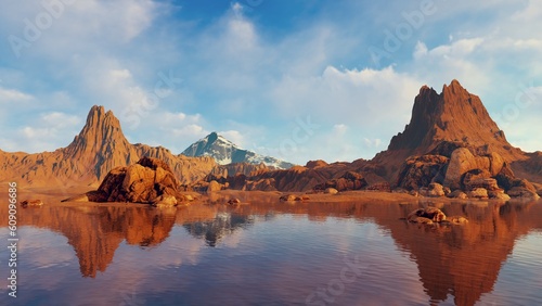 Landscape With A Mountain Lake And Rocks. Illustration On The Theme Of Nature And Landscapes, Nature And Ecology.