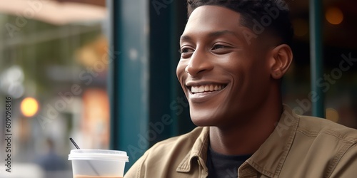 Happy smiling young adult ready to drink a cold fruit drink demonstrating healthy lifestyle - generative AI 