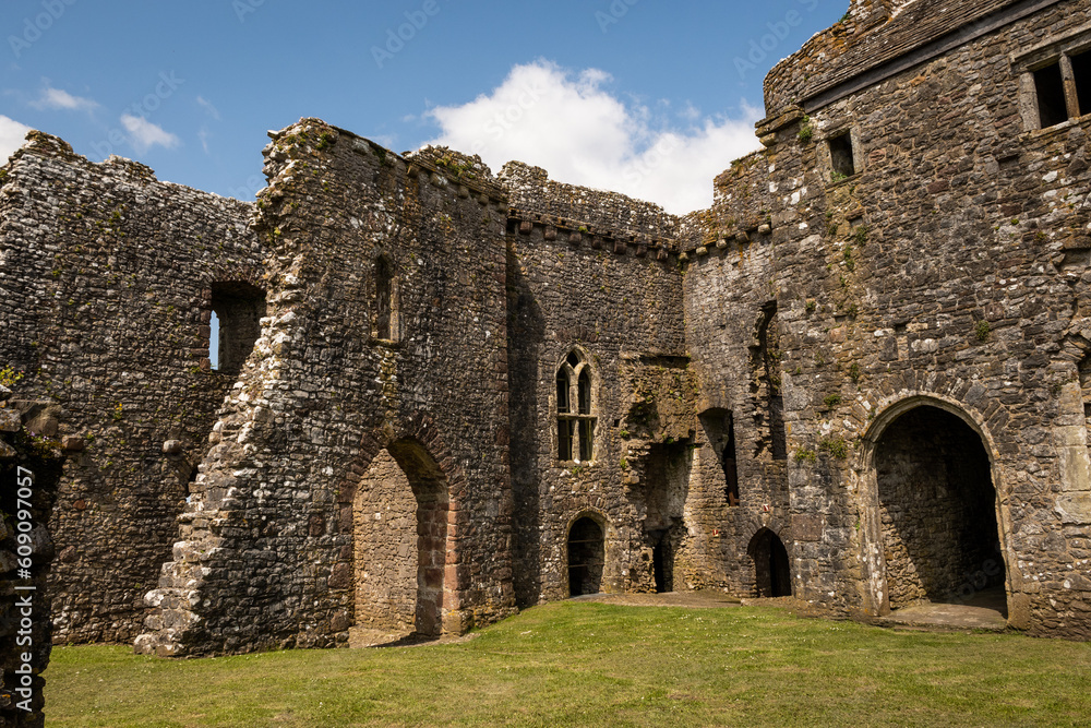 Remains of Weobley castle on the gower peninsula south wales UK. Historical British building in beautiful nature landscape on sunny summer day. History landmark for outdoor lifestyle tourists