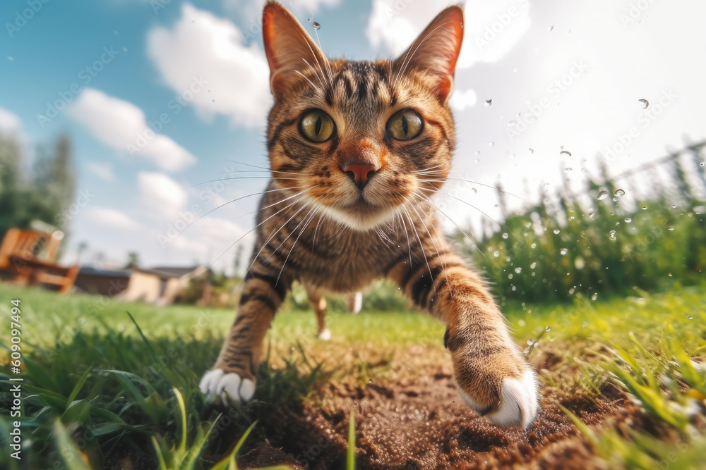 Stray cat running at fast pace towards the camera, wide angle shot. Generative AI. Stray cat running at fast pace towards the camera, wide angle shot. Generative AI.