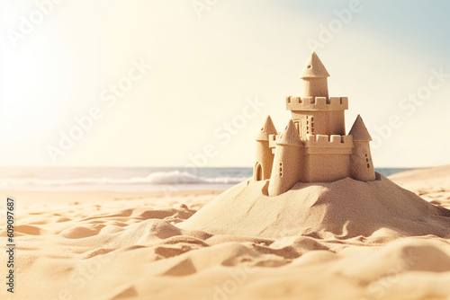 Sand castle at a beach at sea. Generative AI.