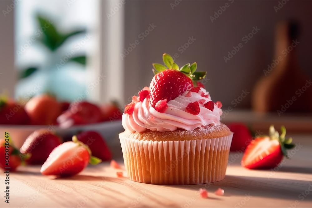 Delicious cupcake decorated with pink frosting and strawberries. Generative AI.