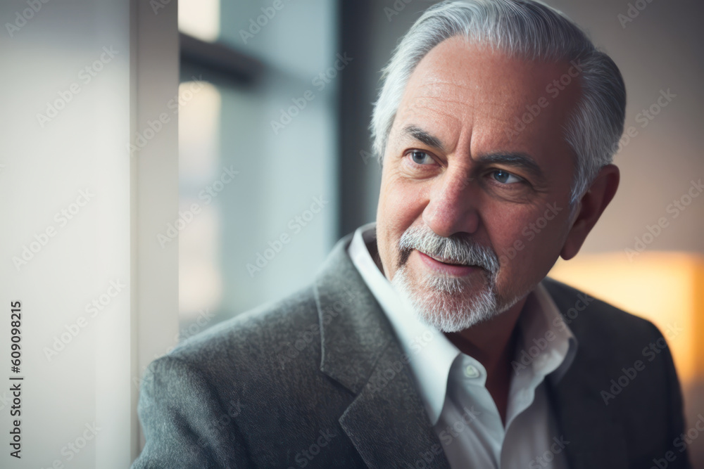 Portrait of the retired old man grandpa grey hair with a cheerful smile wearing a casual checkered clothes. Concept of active age. Generative AI