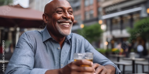 happy smiling older adult getting ready to drink an ice cold drink at an outdoor cafe in the summertime. demonstrating a healthy lifestyle - generative AI 