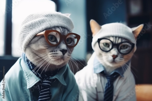 Stylish portrait of two hipster cats dressed as humans. Generative AI.