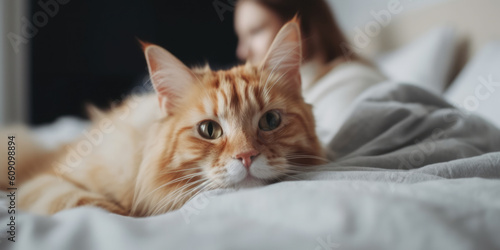 Beautiful ginger cat lying on bed with young woman, enjoying relaxed morning at home