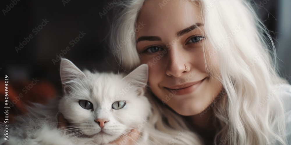 Happy smiling woman with white hair and her white cat, sitting on the bed, waking up Happy smiling woman with white hair and her white cat, sitting on the bed, waking up
