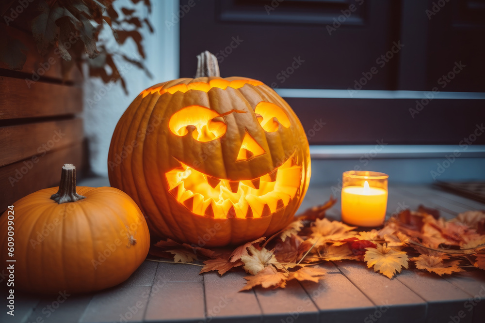 Obraz premium Carved pumpkin with lit candle inside as a Halloween decoration on a doorstep. Generative AI.