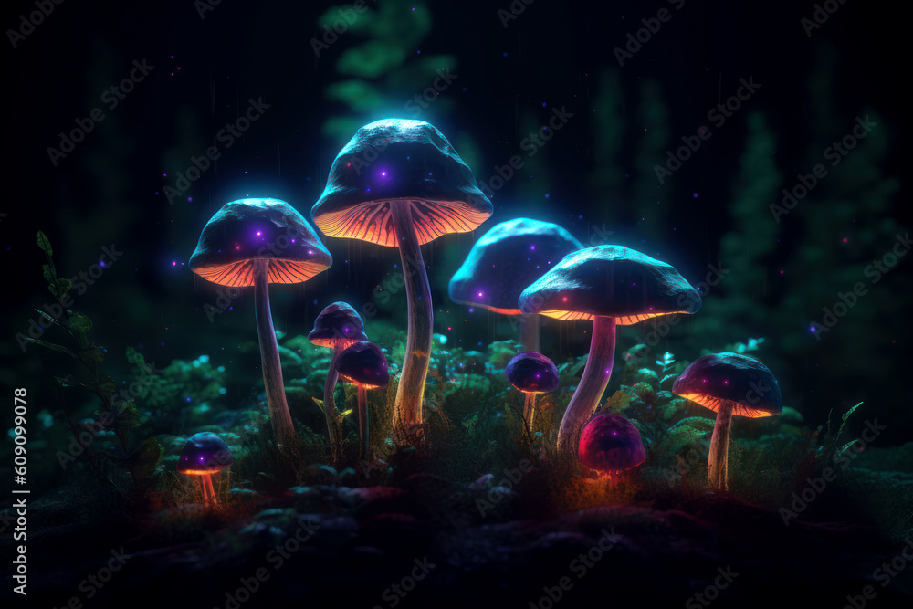 Fototapeta premium Magical hallucinogenic mushrooms glowing in dark forest at night. Generative AI.