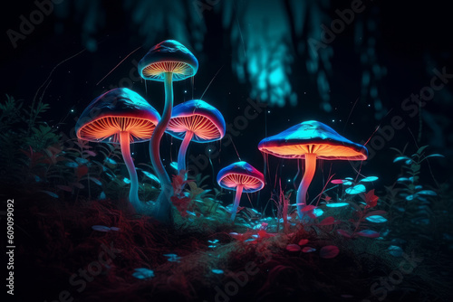 Magical hallucinogenic mushrooms glowing in dark forest at night. Generative AI.