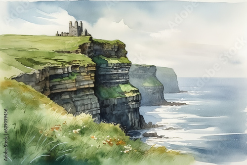 Papier peint Watercolor illustration of a scenic Irish landspace