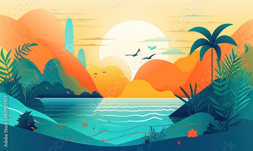  a painting of a tropical sunset with birds flying over the water. generative ai