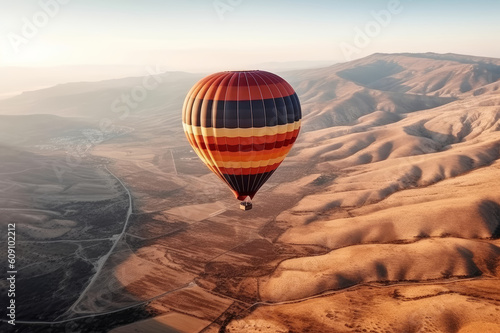 Colourful hot air balloon floating over distant fields and meadows on sunset. Generative AI.