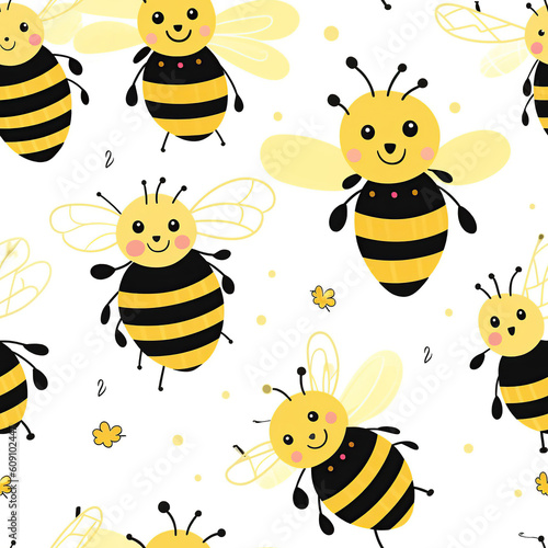 Cute seamless bee pattern, repeat background tile wallpaper illustration doodle textile design, seamless pattern, suitable for printing wrapping paper, Generative Ai