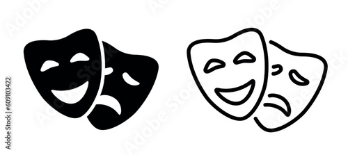 Theatrical masks vector icon set. Theater, theatre mask signs. Masquerade mask. Comedy and tragedy mask symbols.. Vector illustration