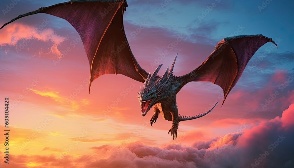 Dragons soaring against a vibrant sunset sky their majestic wingspan ...