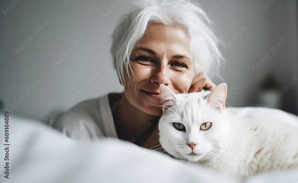 Happy smiling woman with white hair and her white cat, sitting on the bed, waking up Happy smiling woman with white hair and her white cat, sitting on the bed, waking up