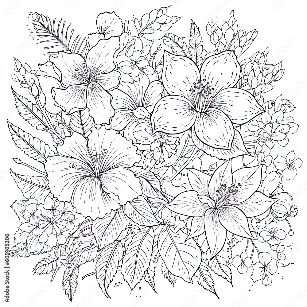 drawing and sketch flower. Black and white with line art illustration. Generative AI drawing and sketch flower. Black and white with line art illustration. Generative AI