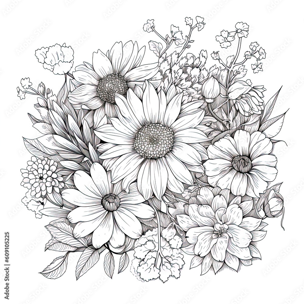 drawing and sketch flower. Black and white with line art illustration. Generative AI