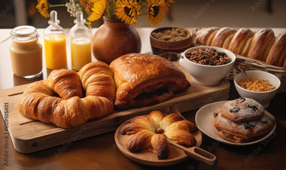  a wooden table topped with croissants and pastries.  generative ai