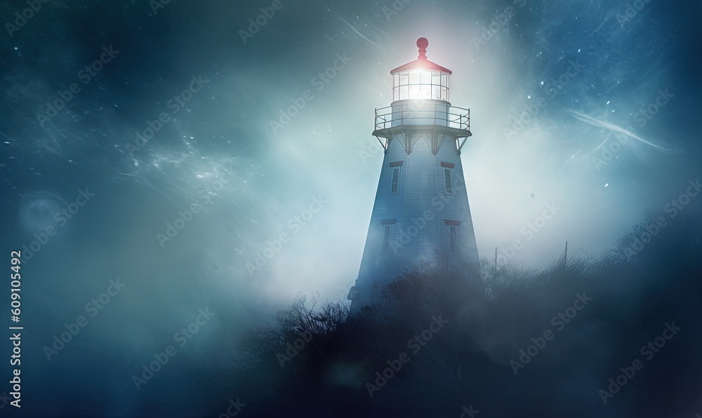  a lighthouse in the middle of the night with stars in the sky.  generative ai