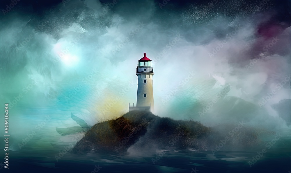  a painting of a lighthouse in the middle of the ocean.  generative ai