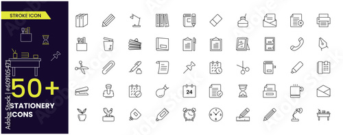 Stationery items. Vector line icon set contains such as pen, ink, pencil, lamp, book, scissors, stapler and more, Editable stroke icons collections.