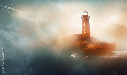 a painting of a lighthouse in the middle of the ocean. generative ai