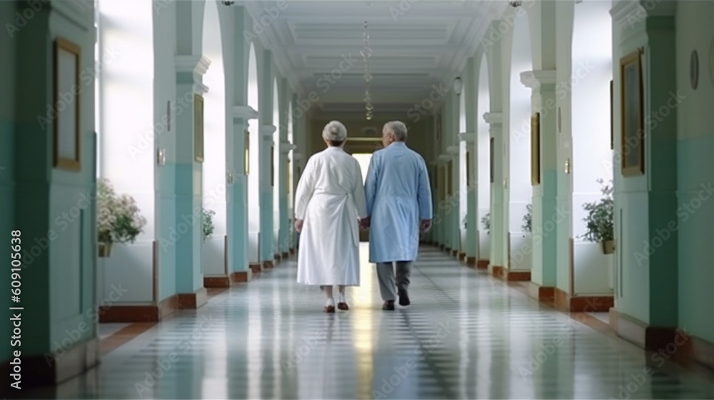 The doctor with the patient walks along the corridor. Generative AI The doctor with the patient walks along the corridor. Generative AI