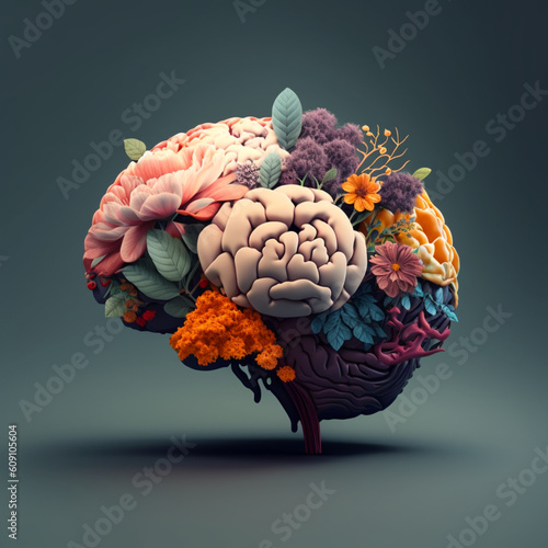 Human brain with flowers, self care and mental health concept.Generative AI