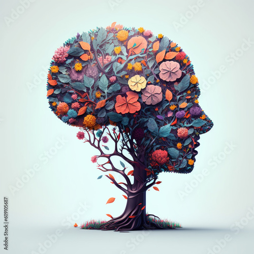 Human brain with flowers, self care and mental health concept.Generative AI