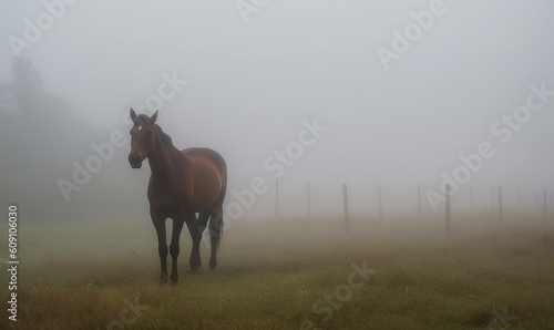  a horse standing in a field on a foggy day.  generative ai © Anna