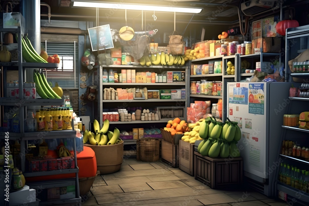etalase in the minimarket room with stuff professional photography ai generated