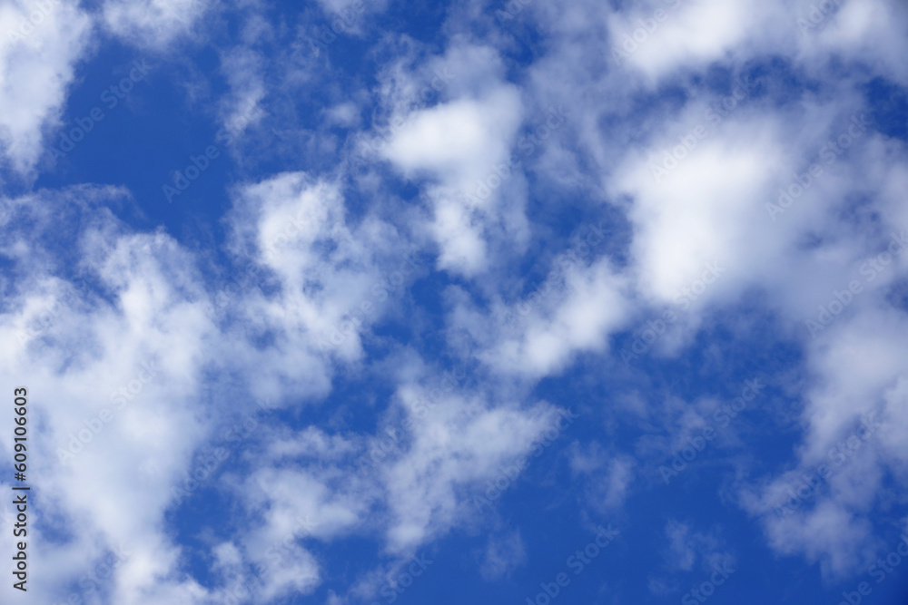 Blue sky with white fluffy clouds.