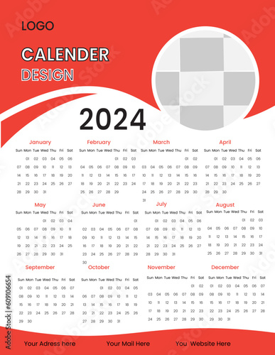 Monthly Wall calendar template for 2024 year. Week Starts on monday. 
Wall calendar in a minimalist style. photo