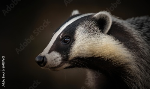  a close up of a badger face with a black background. generative ai