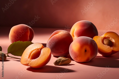 tasty and sweet apricots and peaches on a pink background, created with generative ai