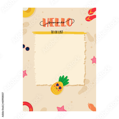 Template of cute summer to do list, planner, daily. Vector illustration of beach with shells and pineapple