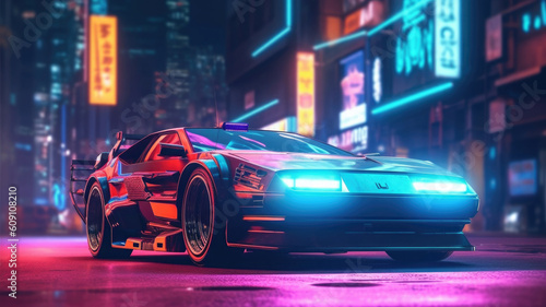 Futuristic sport car with retro design at night city street with neon glowing lights. Cyberpunk background. Created with Generative AI