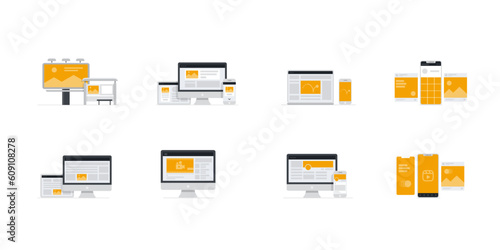 Flat Icon Illustrations of Multiple Device Sets: Devices, Technology, and Social Media Screens