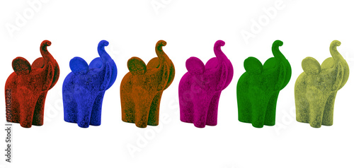 illustrazione su sfondo trasparente di sagome, figure in forma di piccolo elefante in colori differenti allineate photo
