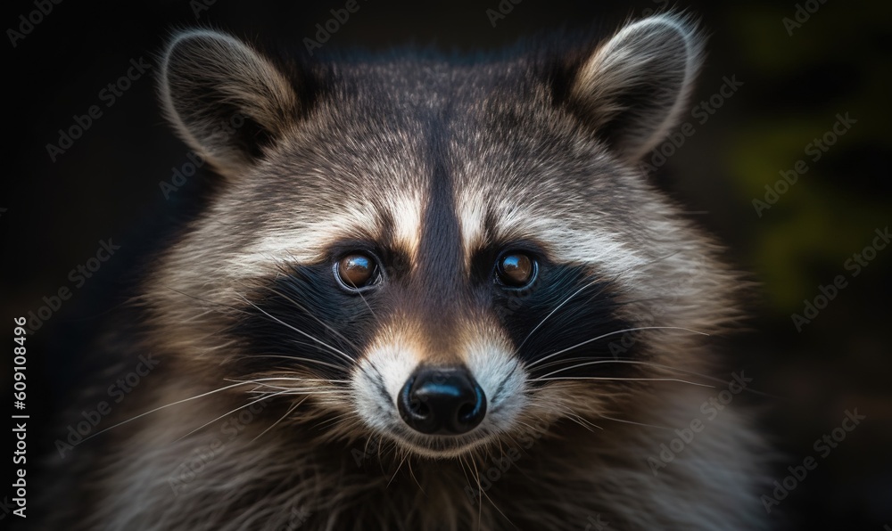  a raccoon looking at the camera with a blurry background.  generative ai